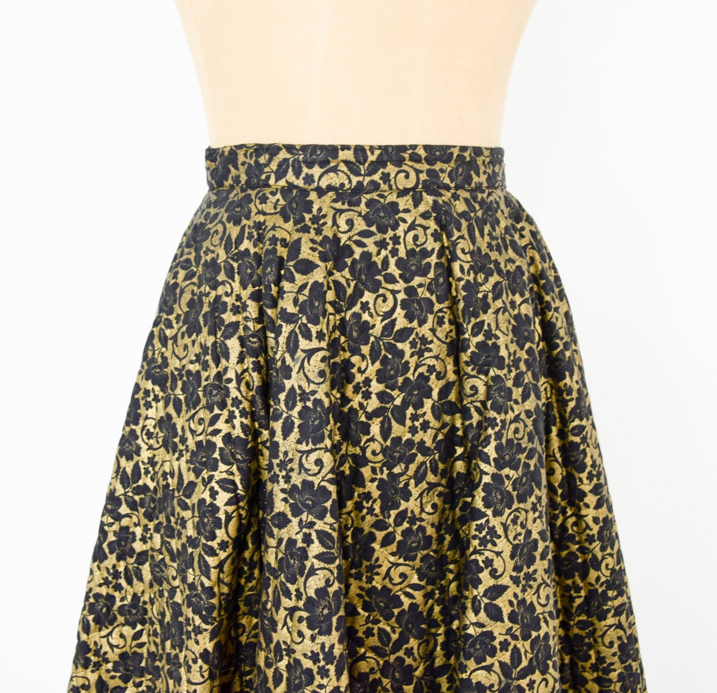 1950s Black Quilted Circle Skirt | 50s Black & Gold Quilted Swing Skirt | Mc Arthur Ltd. | X Small