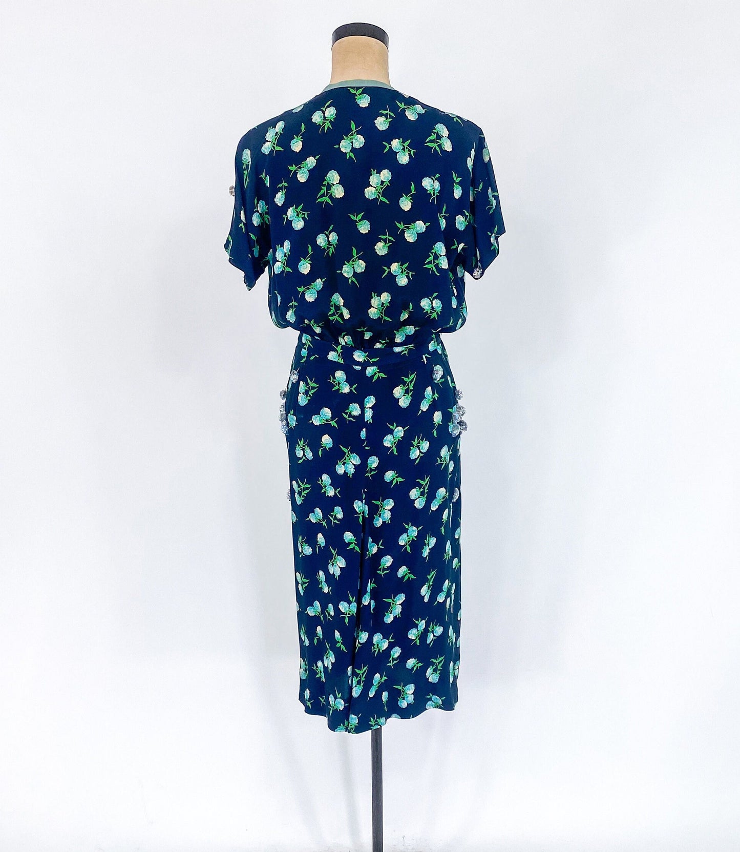1940s Navy Blue Floral Sequin Dress, Large