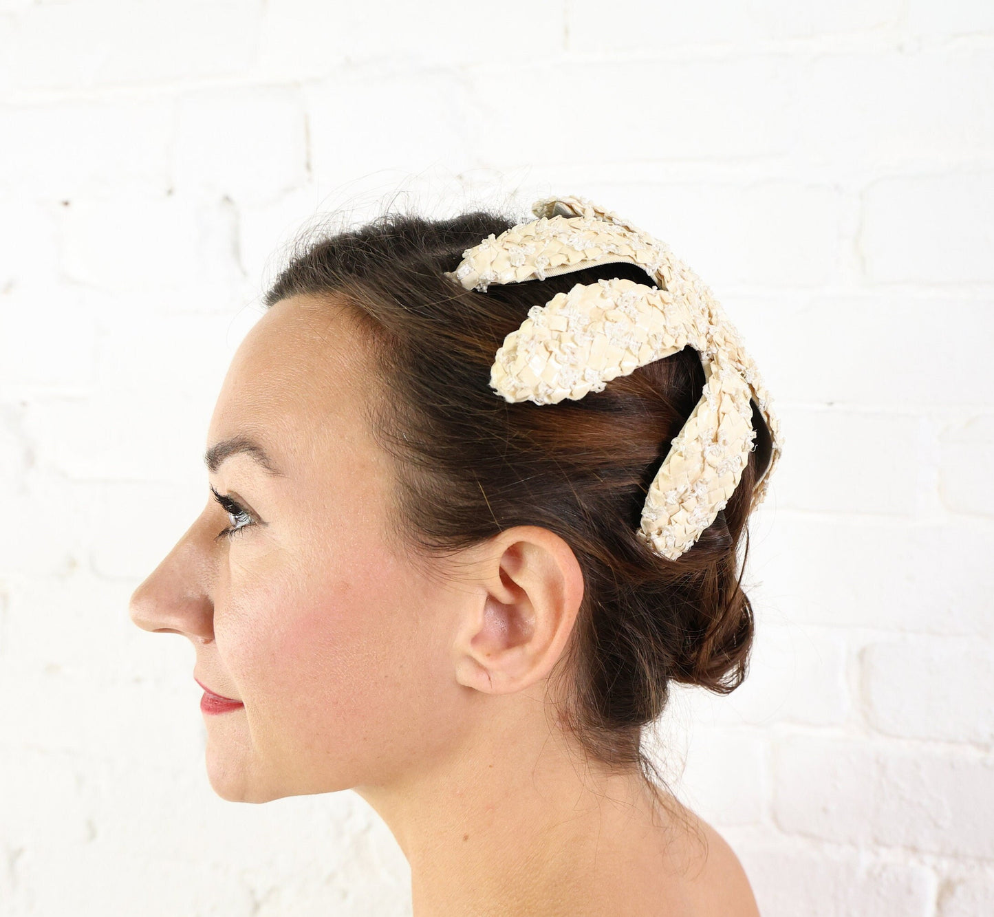 1950s Creme Woven Raffia Fascinator, Juliette Cap