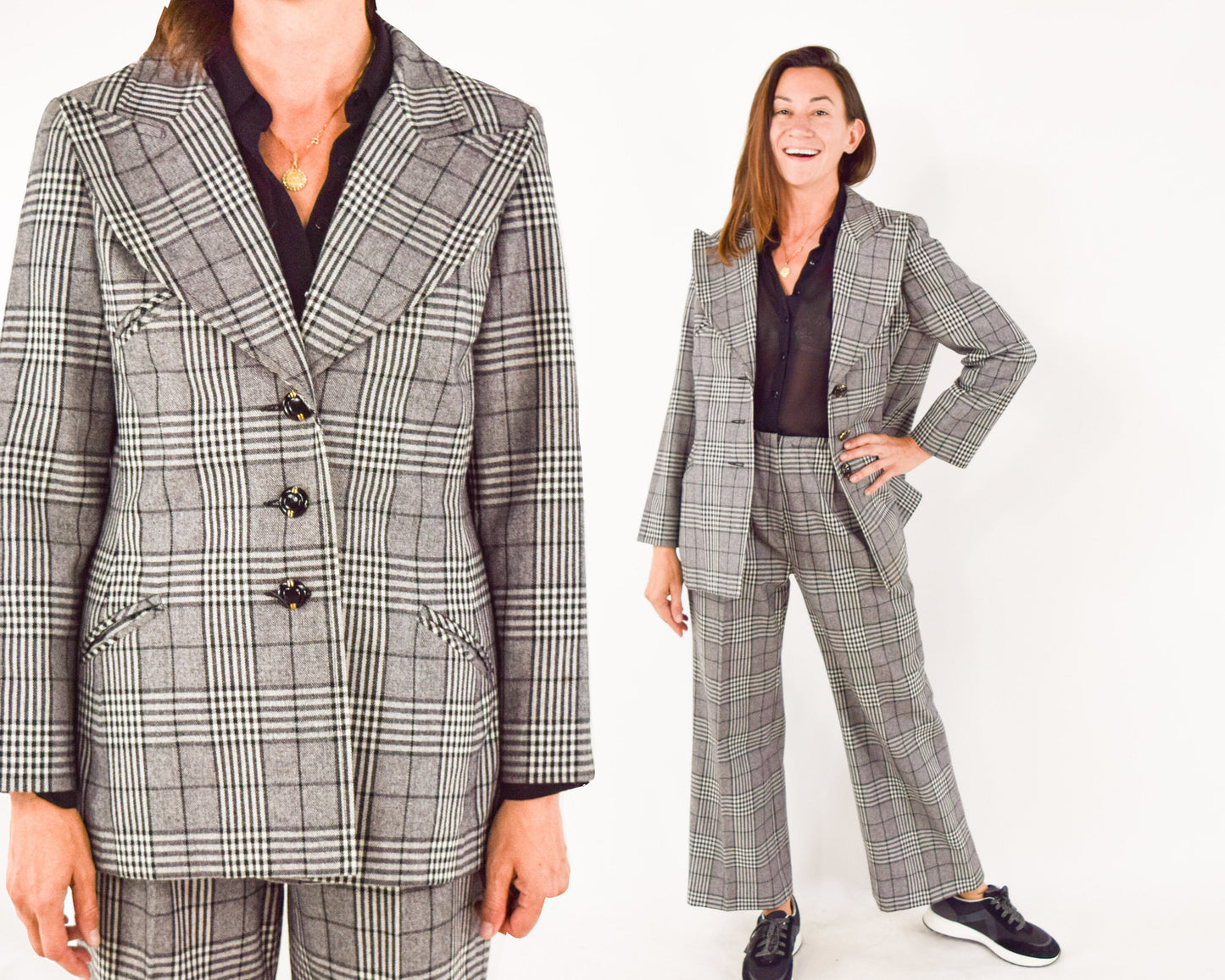 1970s Gray Plaid Wool Pantsuit, Jacket & Pants Set, Large