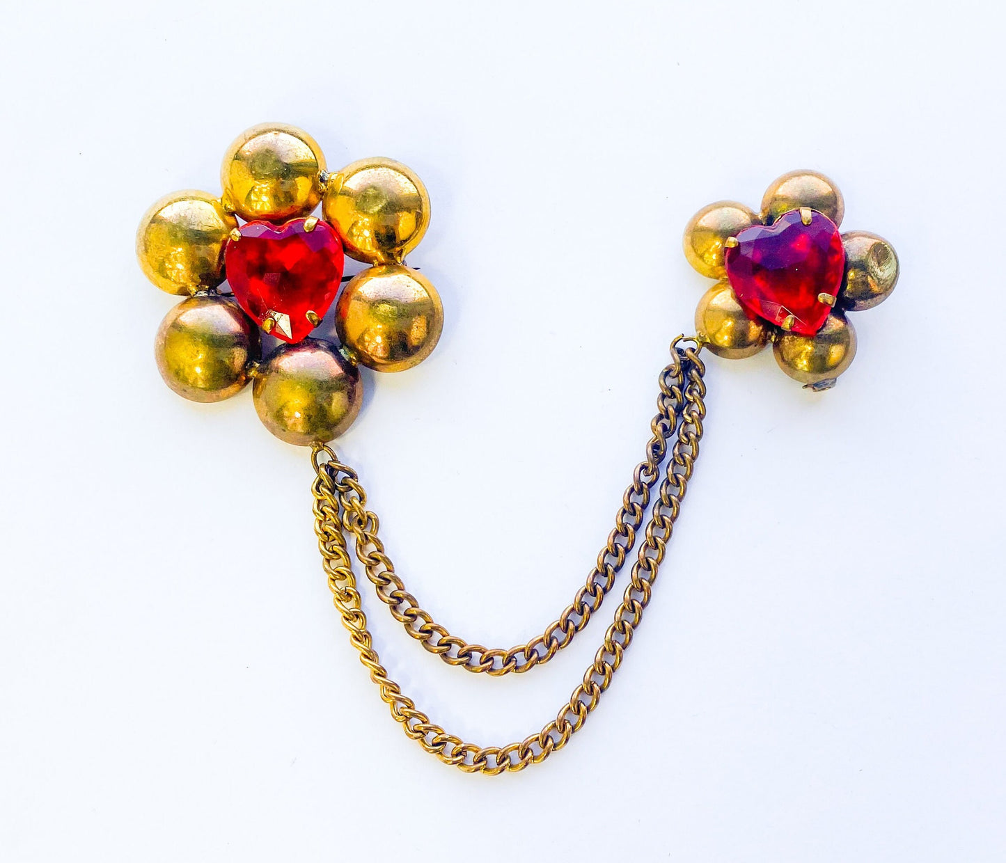1940s Red Brass Flower Pin Set, Sweater Guard