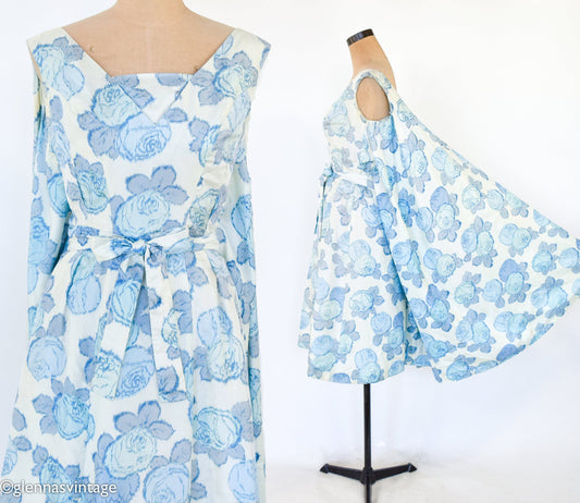 1950s Blue Rose Print Silk Dress with Full Cape Back, XS Extra Small