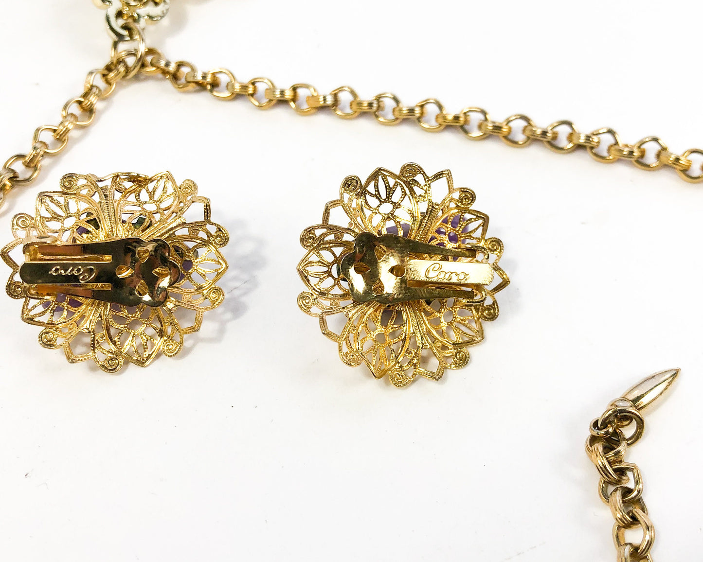 Coro | 1960s Gold & Purple Necklace Earrings Set | 60s Purple Agate Necklace Set | Coro