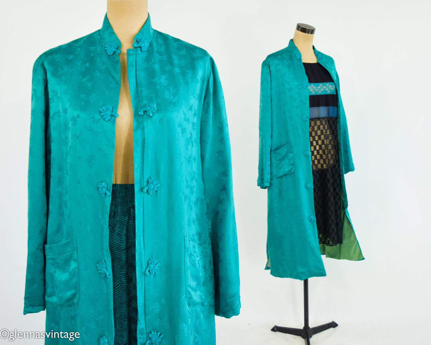 1960s Turquoise Silk Evening Coat | 60s Emerald Green Silk Coat | Cathay | Large