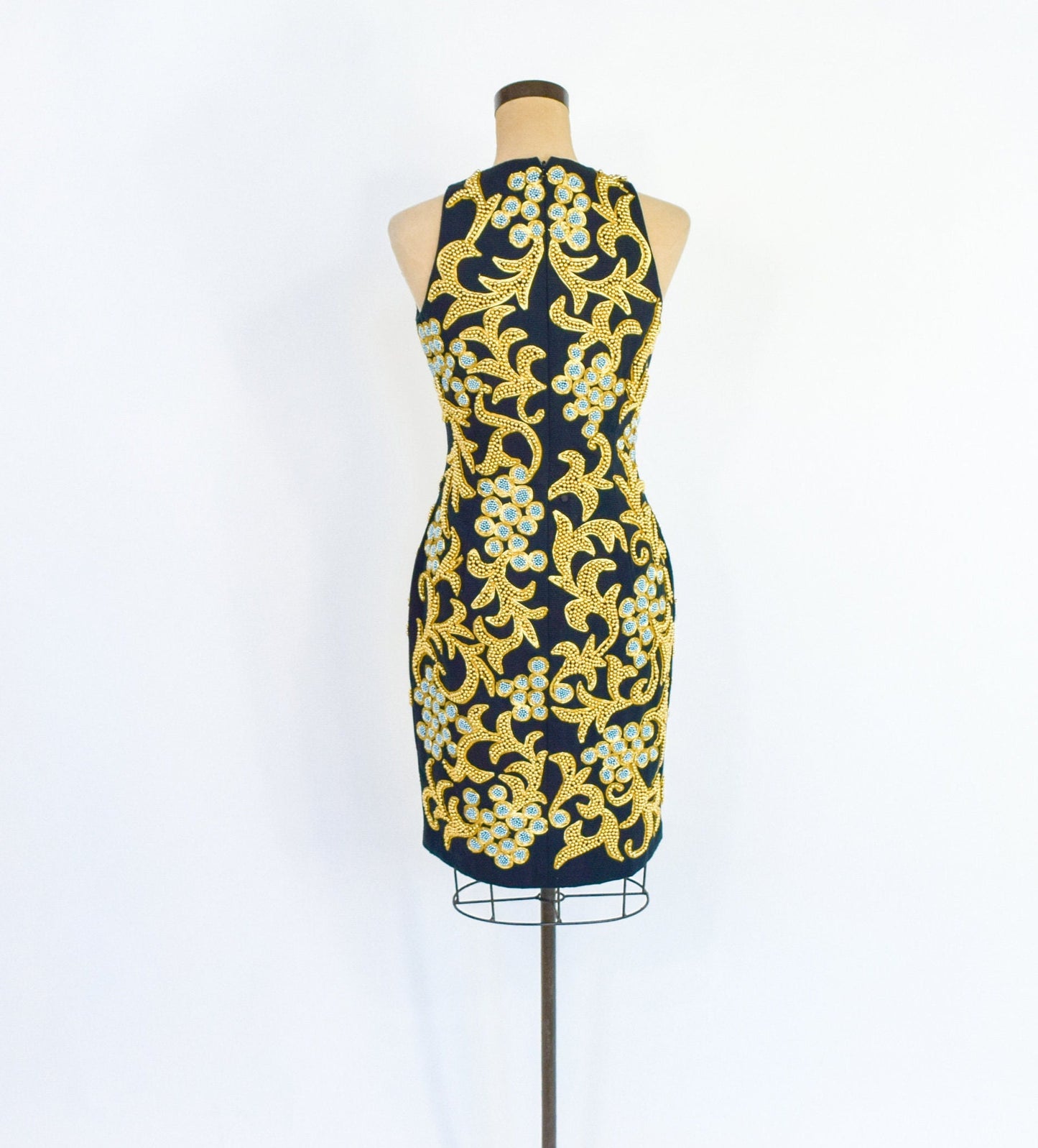 Bill Blass | 1980s Black & Gold Beaded Cocktail Dress | 80s Gold Beaded Black Sheath Dress | Bill Blass | Small