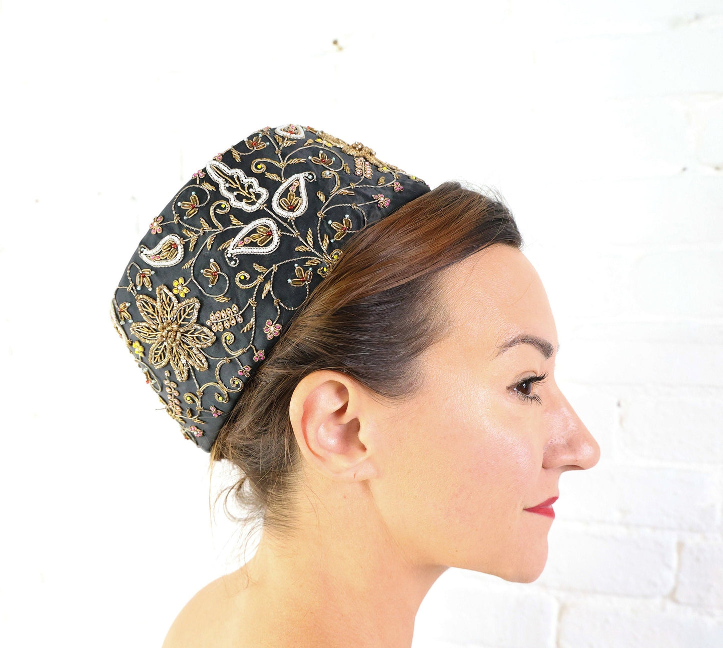 1950s Black Silk Pillbox Hat with Gold Embroidery