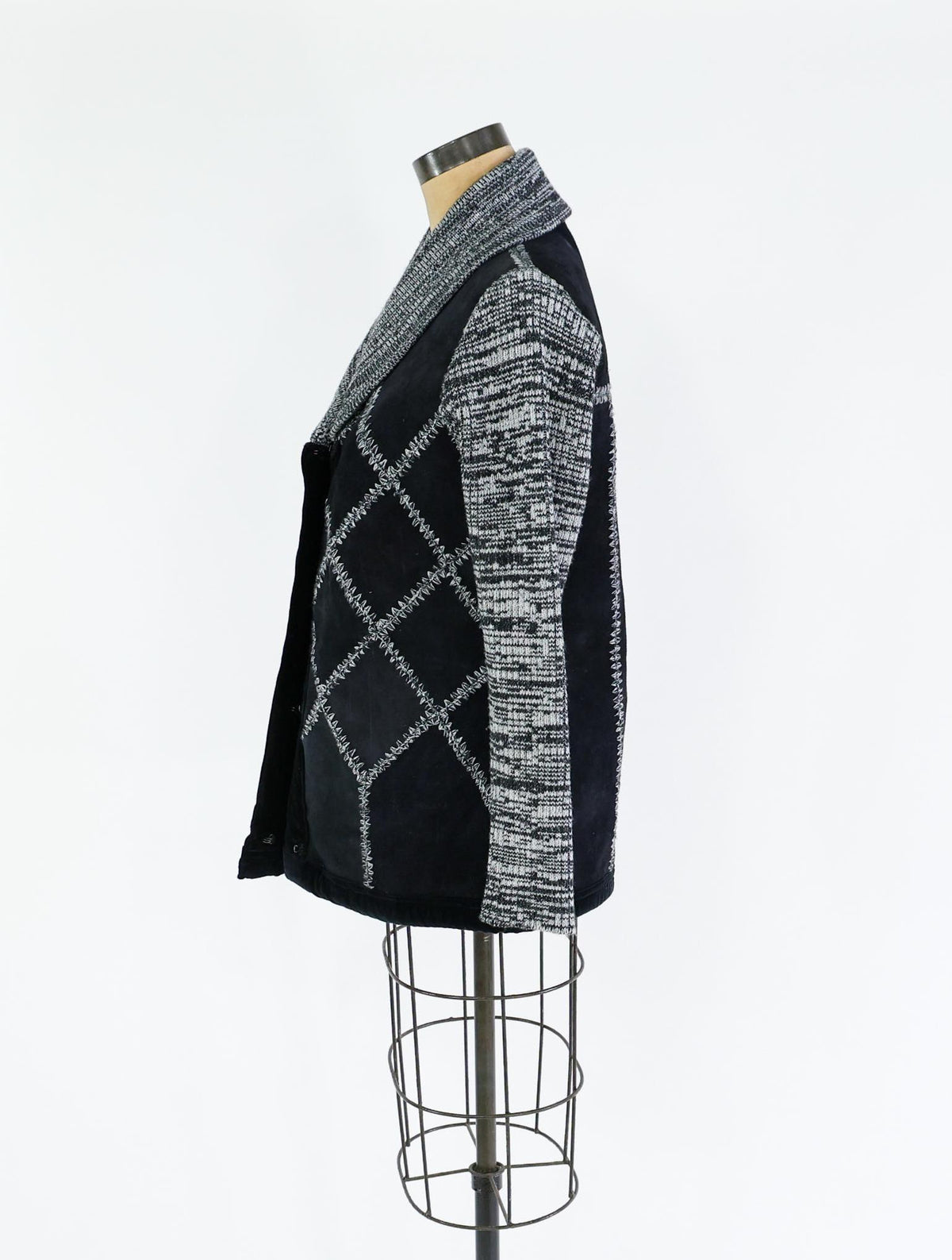 1970s Black Suede Patchwork Knit Jacket with Shawl Collar, Large