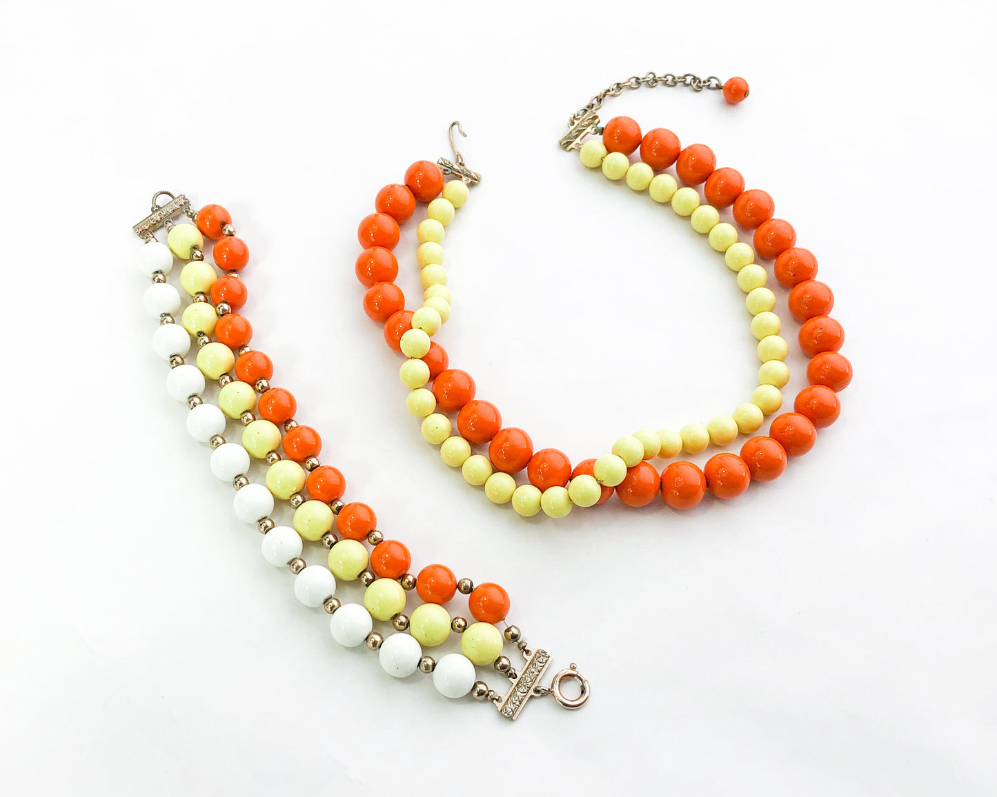 1960s Orange Beaded Necklace Set | 60s Yellow & Orange Plastic Choker Bracelet Set
