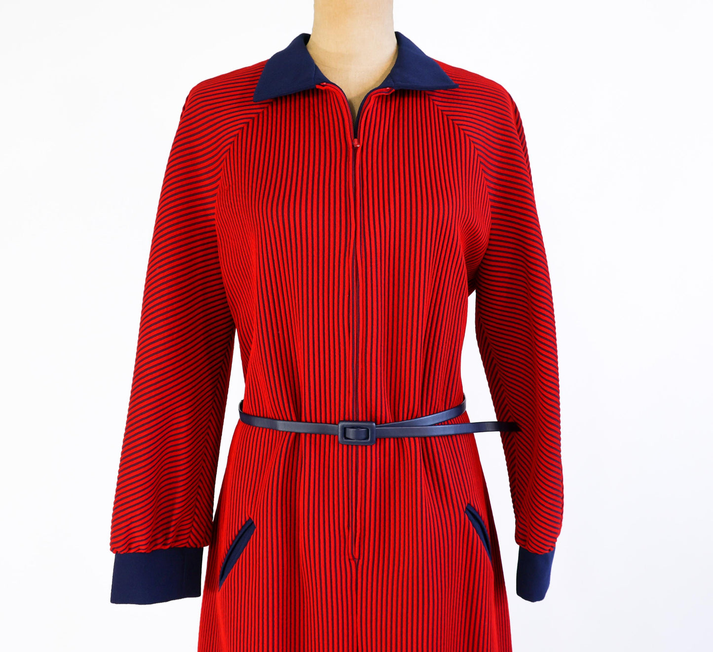 1960s Red Navy Striped Knit Dress , Extra Large, 40" Waist