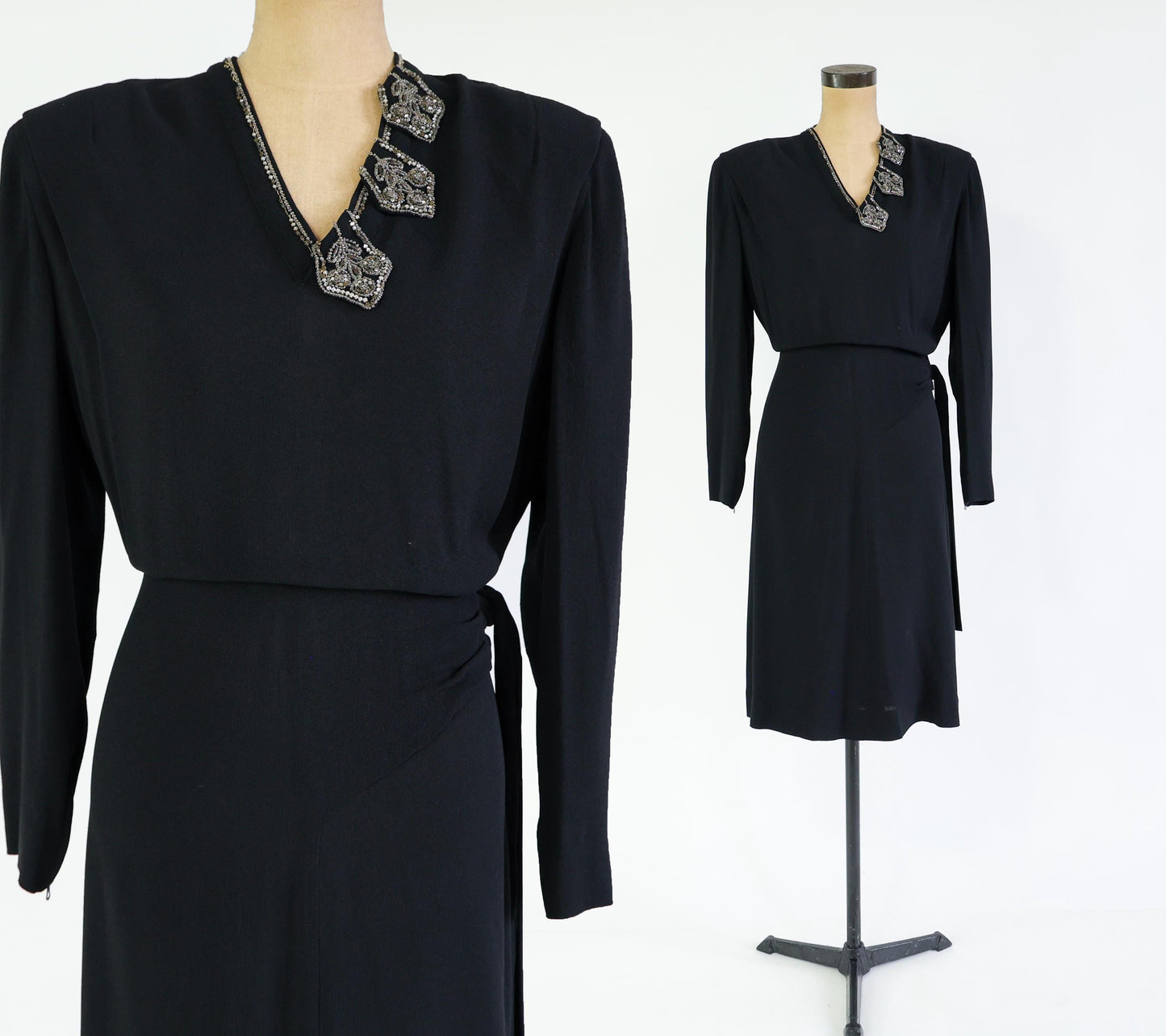 1940s Black Dress with Beaded Neckline, Extra Large, 36" Waist