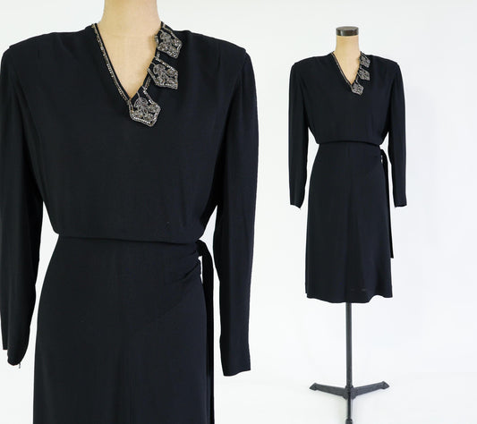 1940s Black Dress with Beaded Neckline, Extra Large, 36" Waist