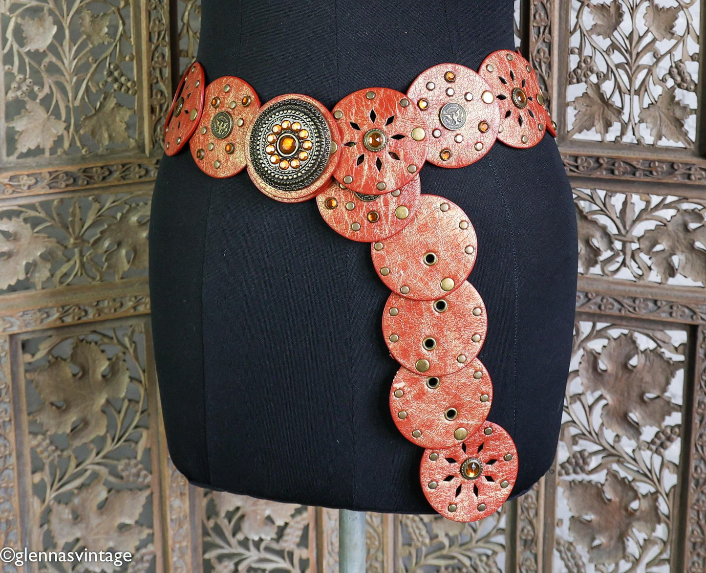 1970s Red & Brown Circles Studded Leather Belt