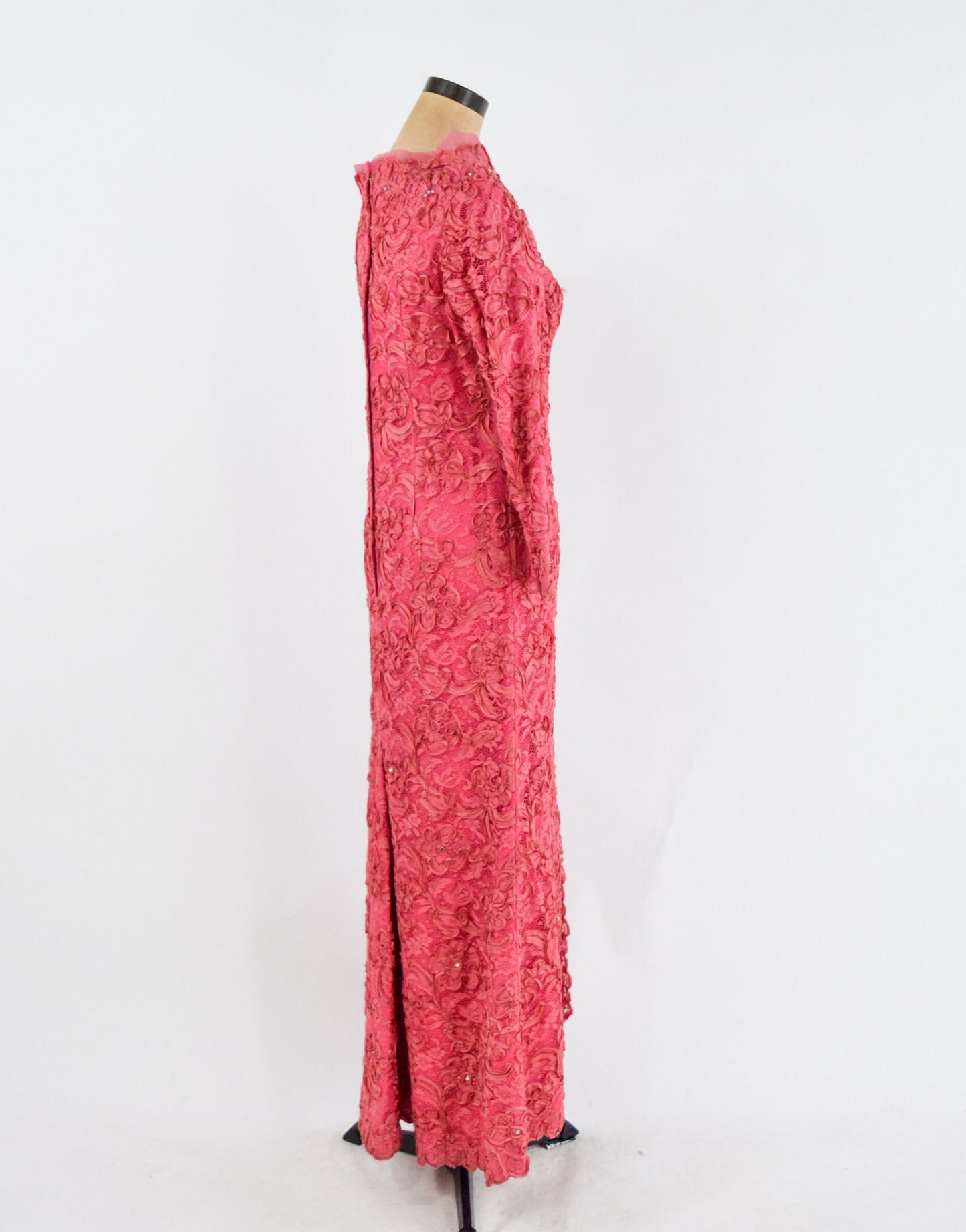 1940s Coral Pink Lace & Rhinestone Evening Gown | 40s Pink Soutache Lace Rhinestone Dress | Old Hollywood | Medium
