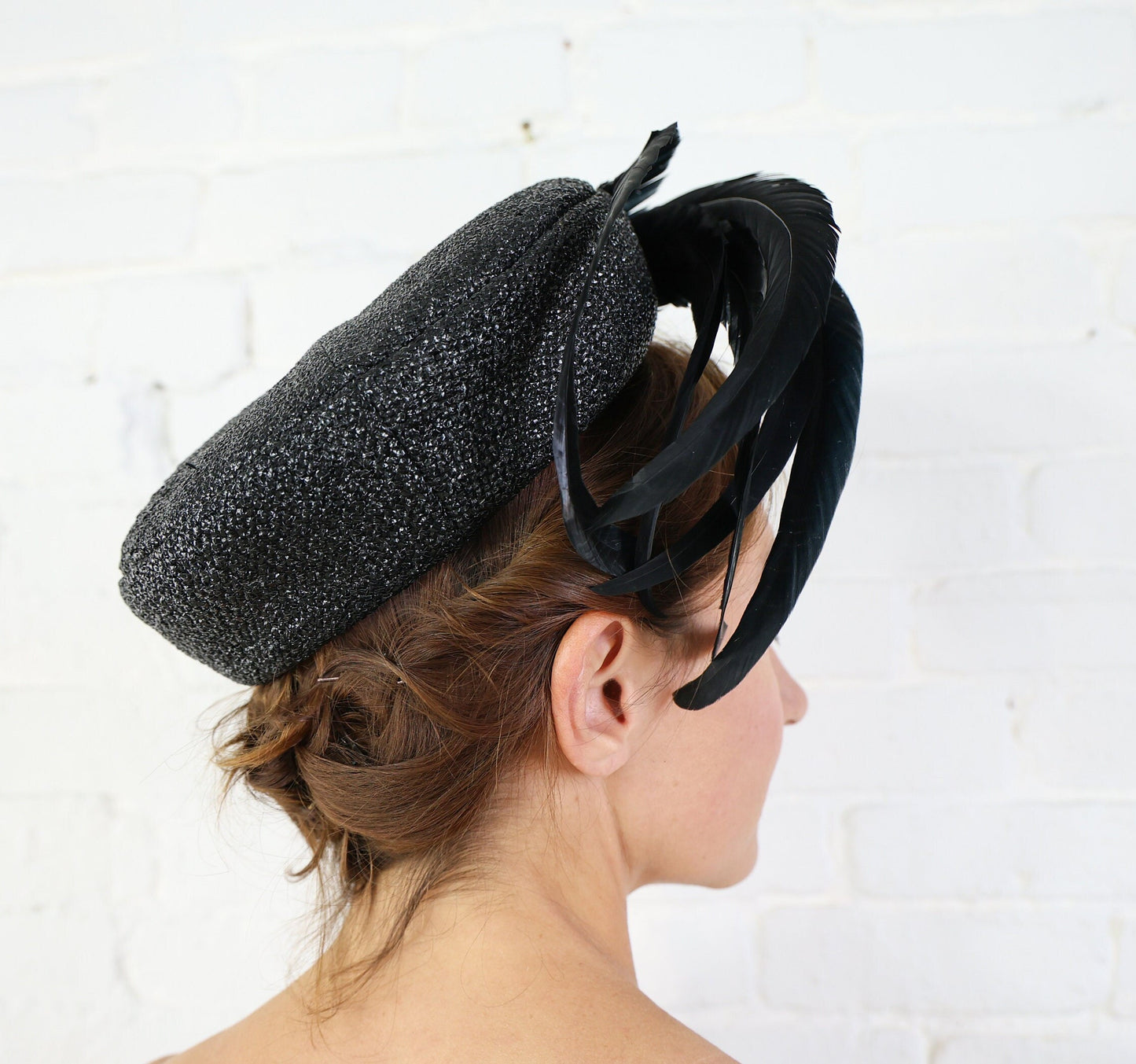 1950s Black Feather Fascinator, Woven Raffia Hat With Feathers