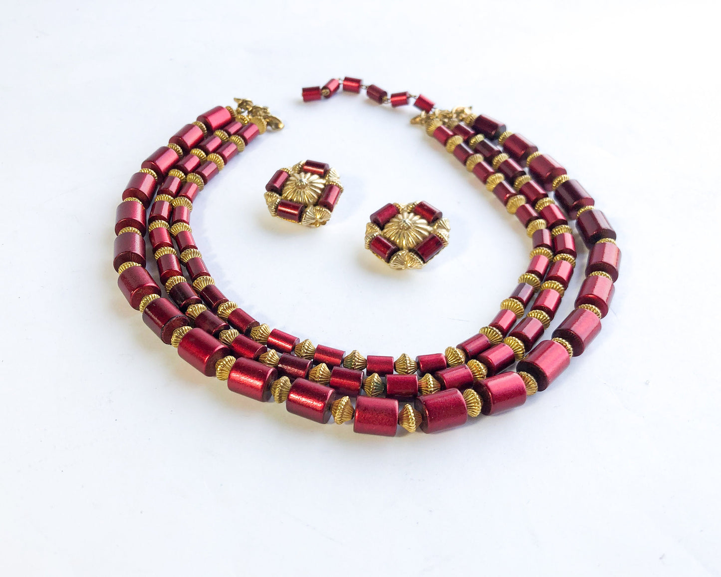 1960s Red Necklace Earrings Set | 60s Red Plastic Bead Necklace Set