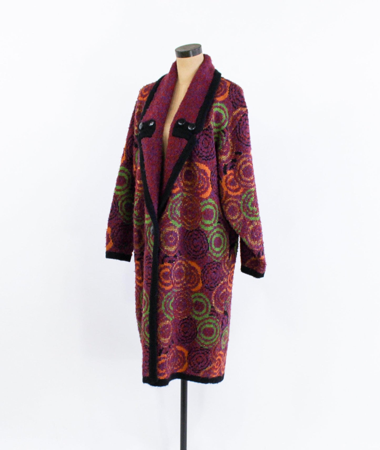 1980s Colorful Autumn Colors Oversized Sweater Coat | 80s Maroon Abstract Sweater Coat | La Mittini Large