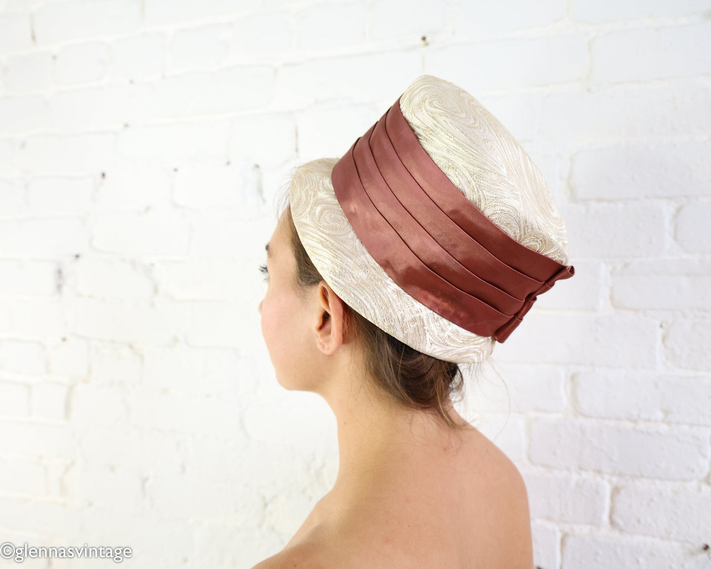 1960s Beige Brocade Bucket Hat | 60s Gold & White Tall Hat