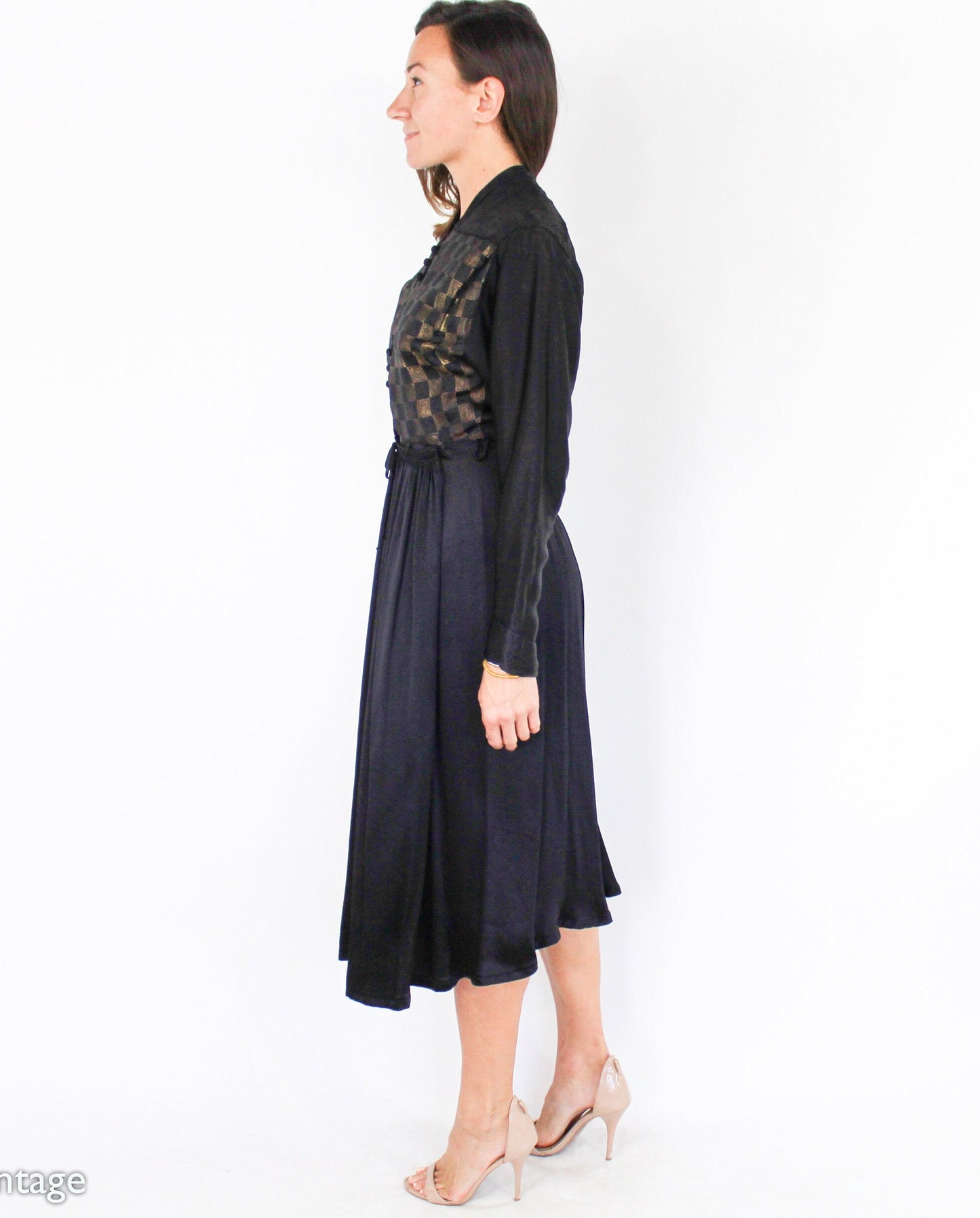 1940s Gold & Black Silk Dress | 40s Black Silk Embroidered Dress | Tula | Small