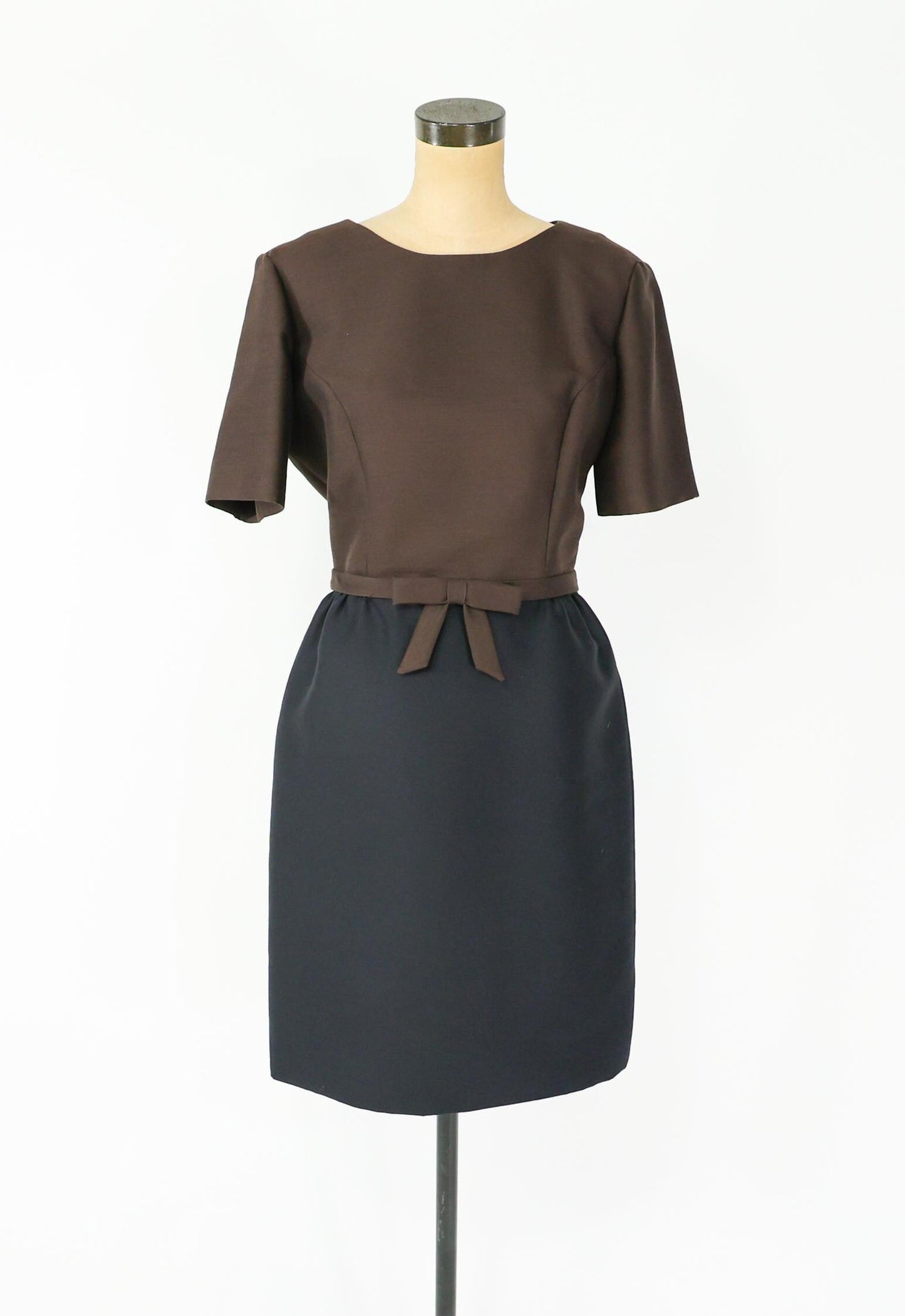 1950s Brown Black Silk Shantung Dress, Large