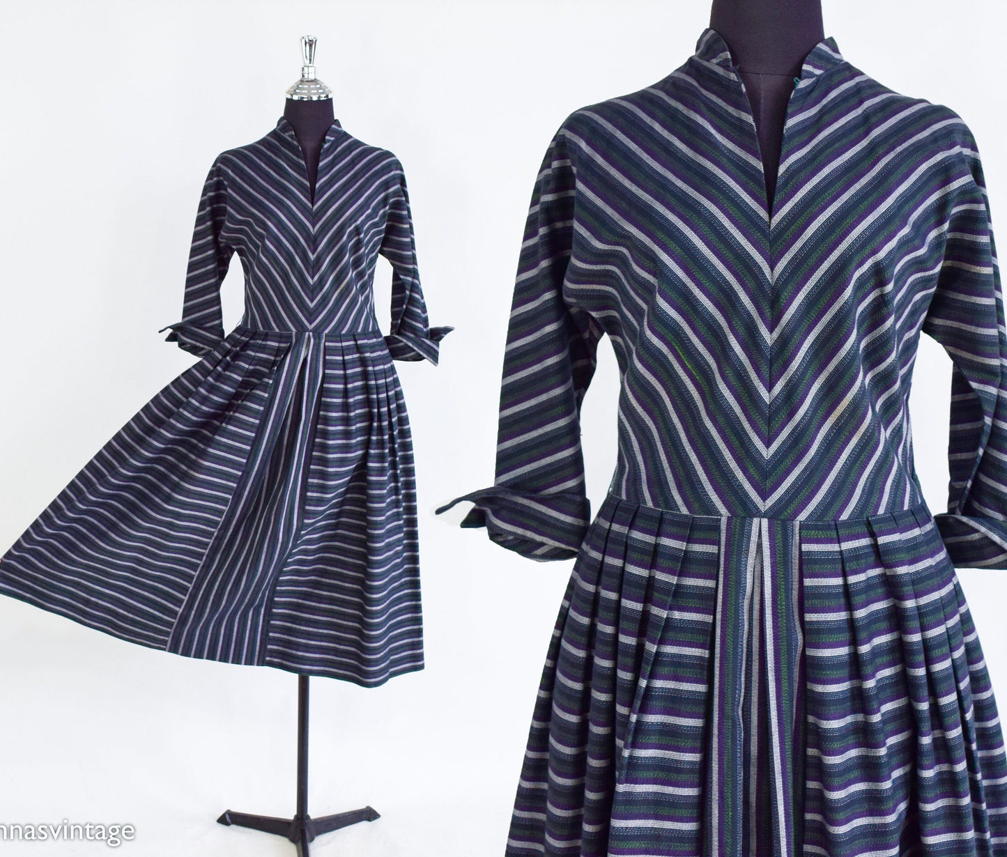 1940s Gray Chevron Striped Dress | 40s Striped  Cotton Day Dress | AnR Jr | Medium
