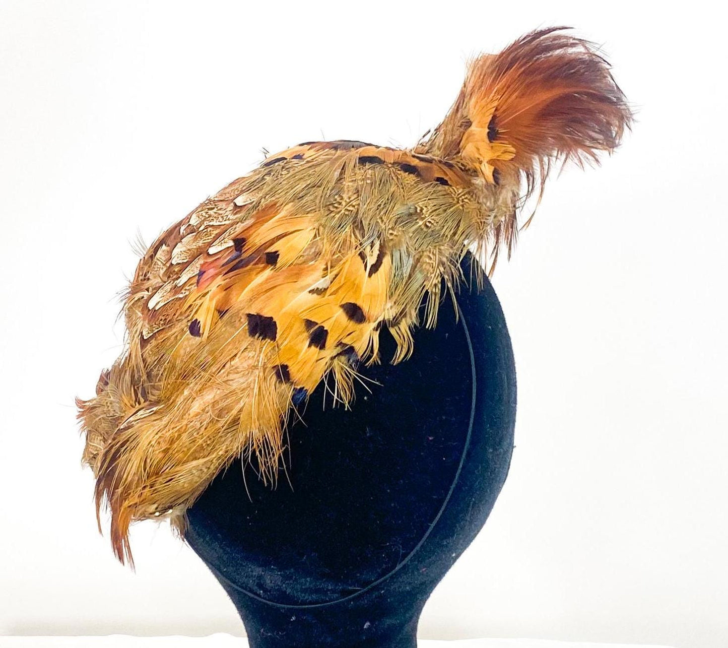 1940s Feather Fascinator Hat, Brown Quail Feather Saucer, Wool Felt