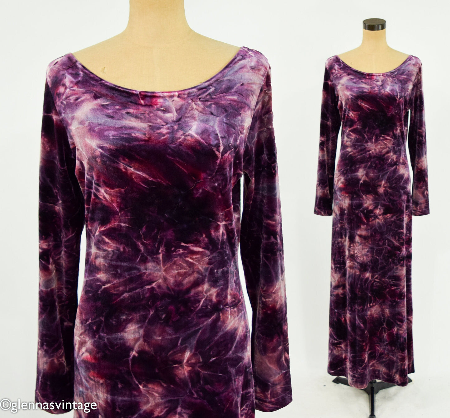 1990s Purple Tie Dye Velvet Maxi Dress, Large