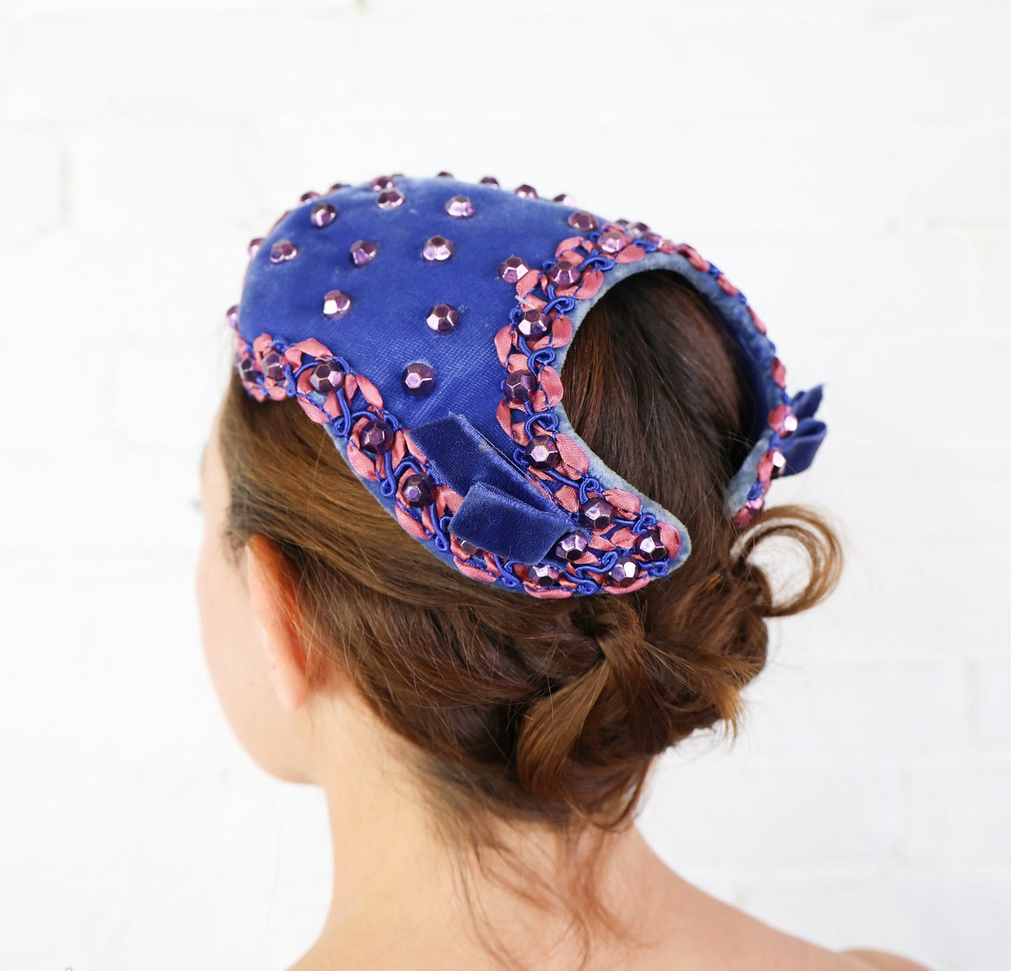 1950s Blue Velvet Beaded Fascinator Hat