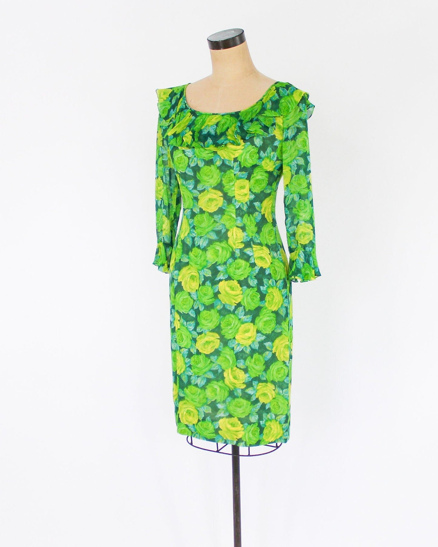 1950s Lime Green Rose Print Chiffon Dress by Elinor Gay, Medium