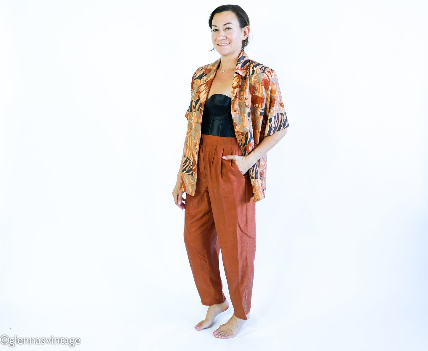1980s Brown Silk Top Pants Set | 80s Brown Floral Blouse & Slacks | La Chine | Medium