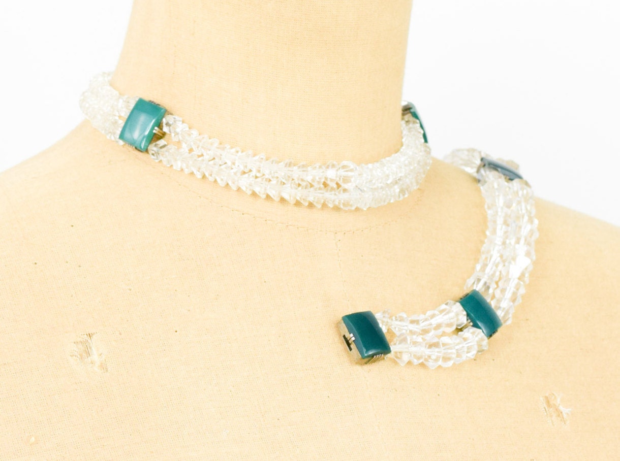 1930s Glass Crystal Necklace Bracelet Set, Green Glass & Sterling Silver Clasp