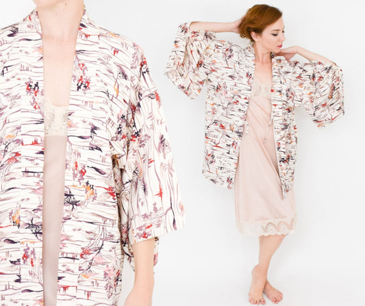 1950s Beige Print Haori Kimono Jacket