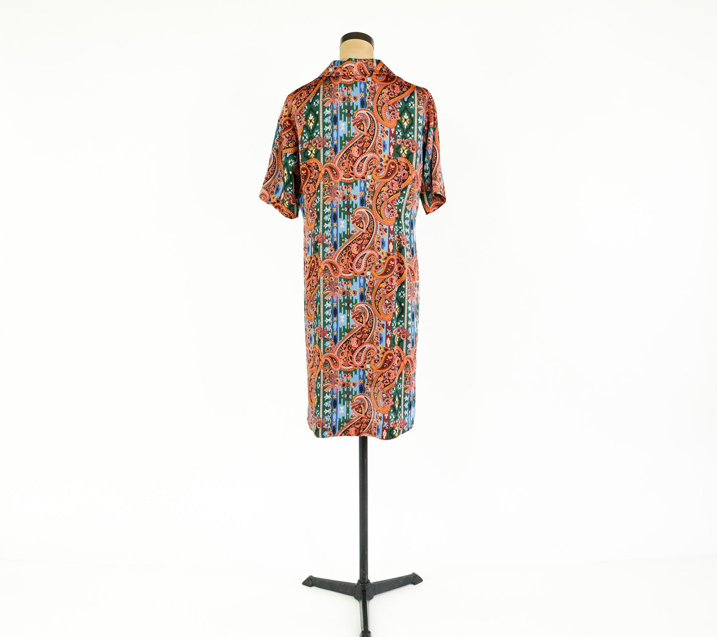 1960s Orange & Blue Paisley Print Dress, 38" Waist