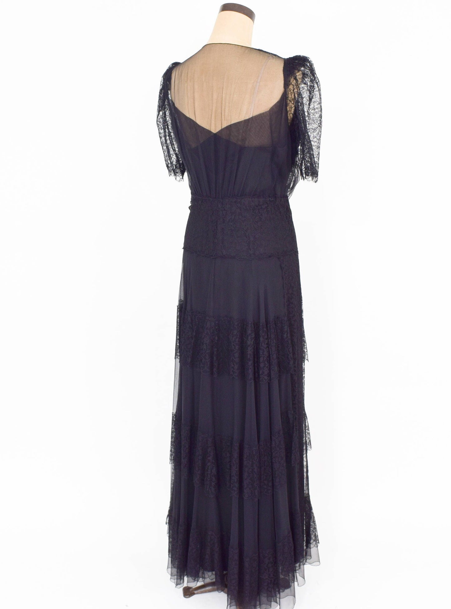 1940s Vintage Black Chiffon & Lace Evening Dress, Extra Large
