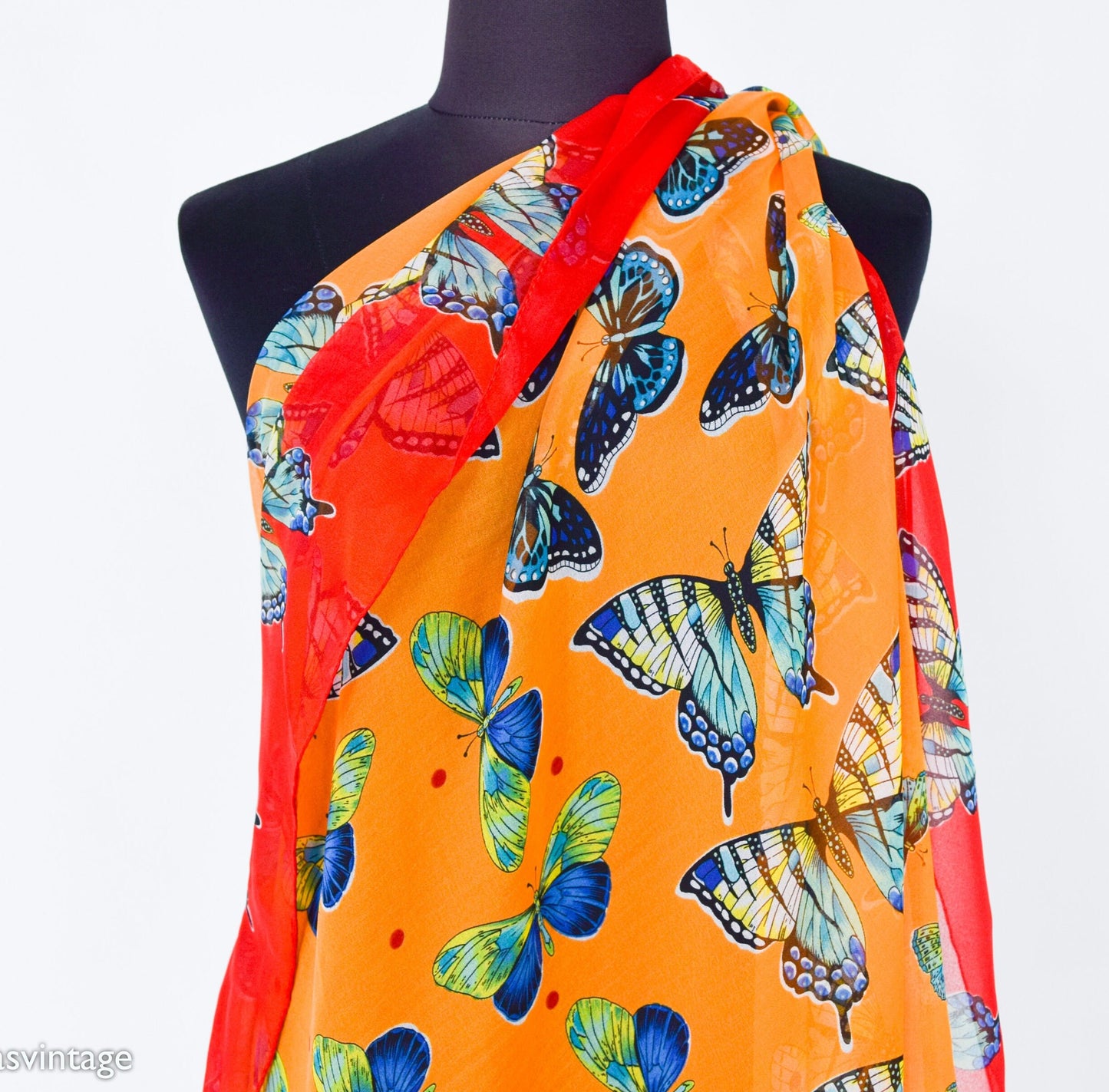 1980s Butterfly Chiffon Scarf | 80s Orange & Red Sheer Butterfly Scarf | Butterfly Museum