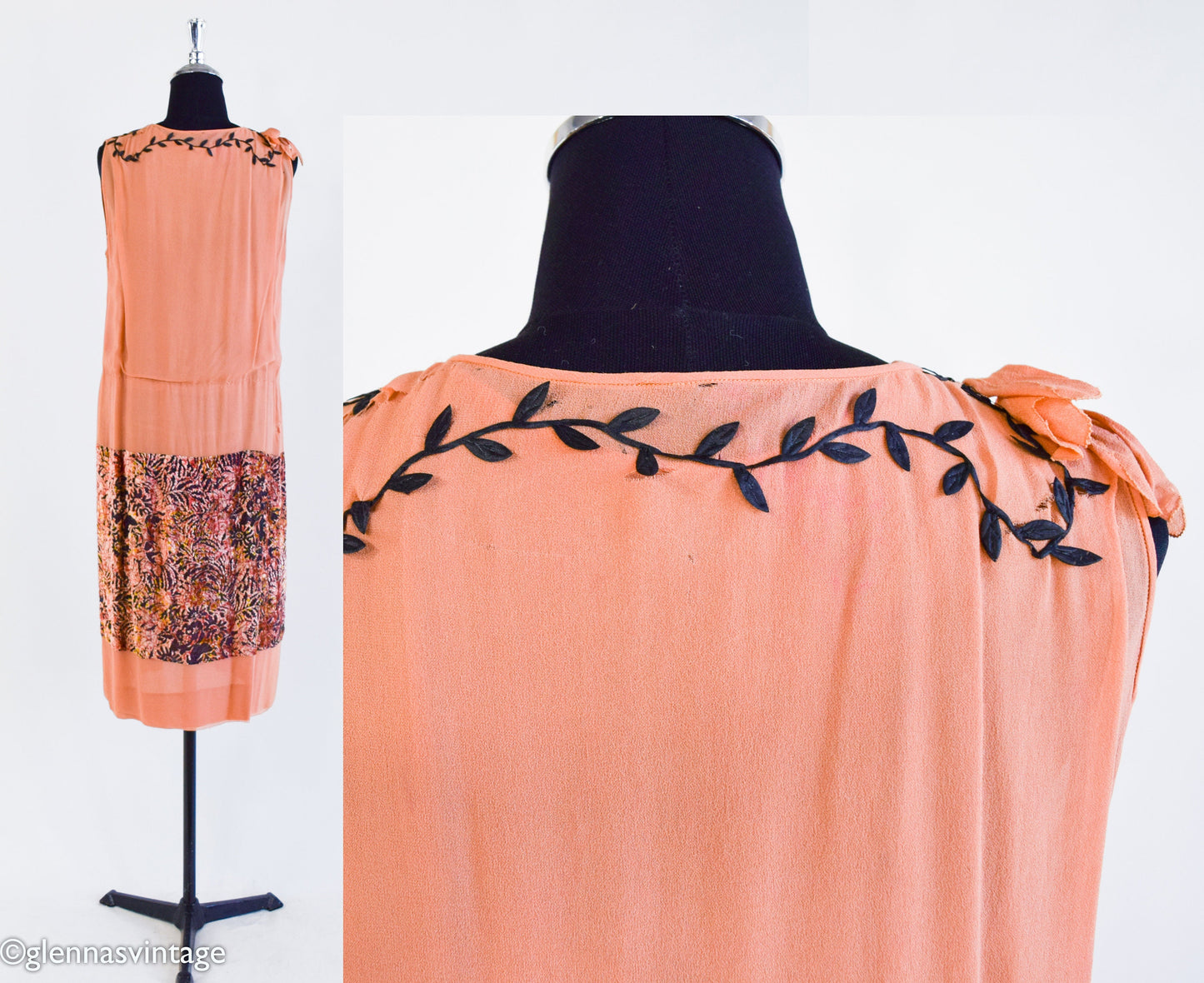 1920s Orange Silk Flapper Dress with Burnout Velvet Panels, Medium