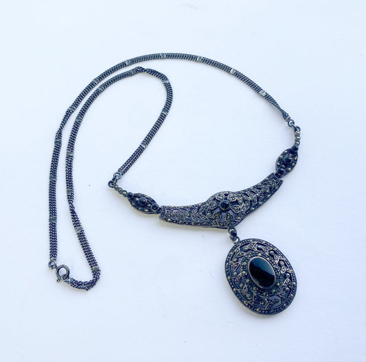 1940s Marcasite Pendant Necklace, Silver Onyx Glass
