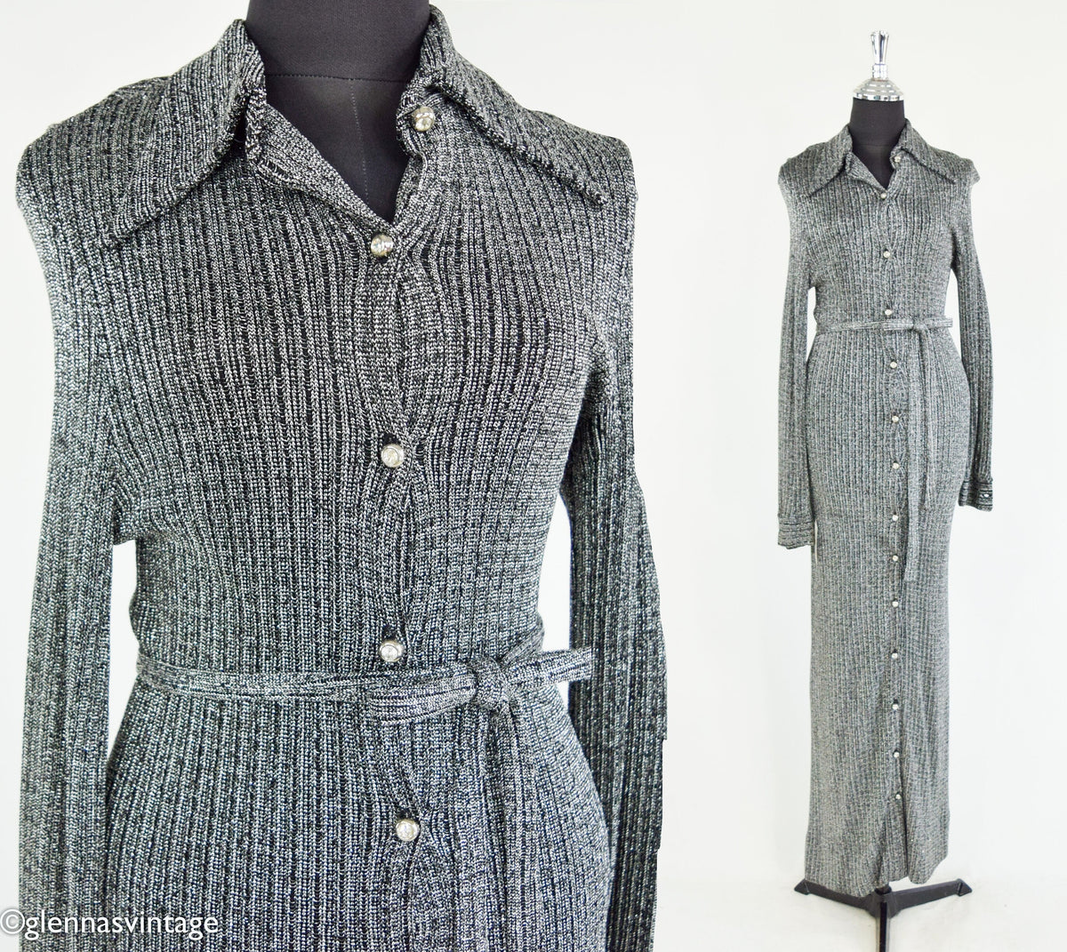 1970s Vintage Silver Knit Maxi Dress | Rhinestone Button, Tie Waist, Small