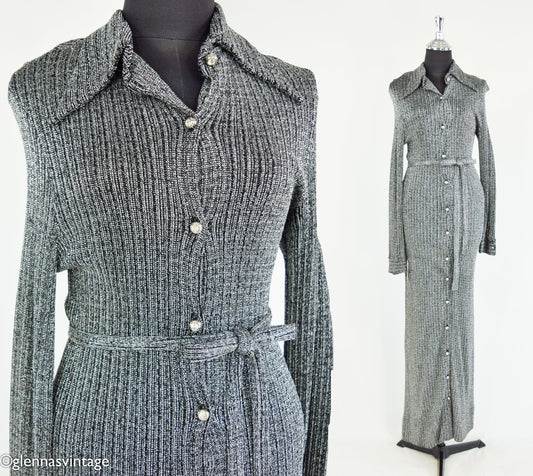 1970s Vintage Silver Knit Maxi Dress | Rhinestone Button, Tie Waist, Small