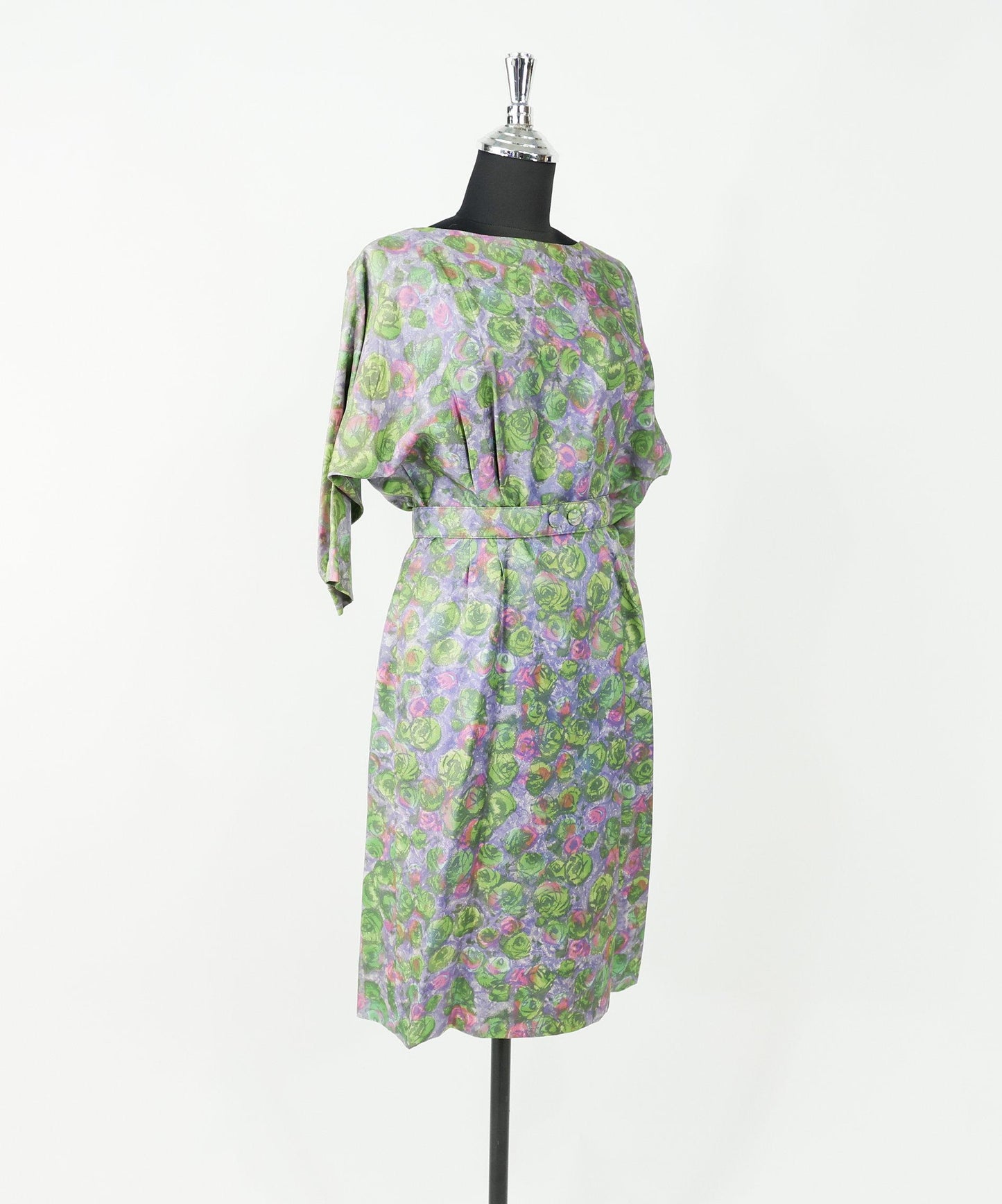 1950s Green Print Watercolor Day Dress, Large