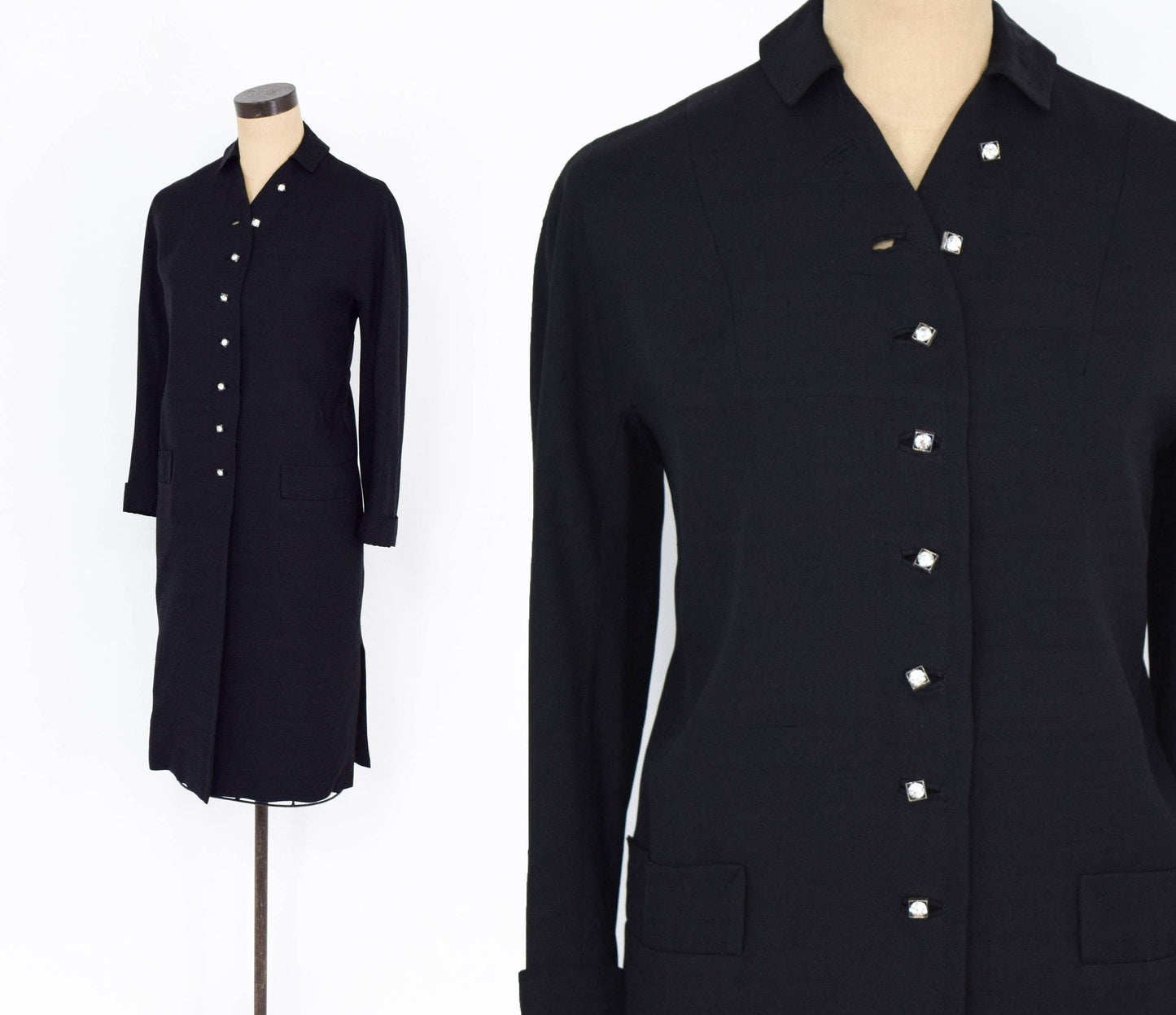 1950s Black Silk Coat | 50s Black Raw Silk Coat | Rhinestone Button Coat | Large