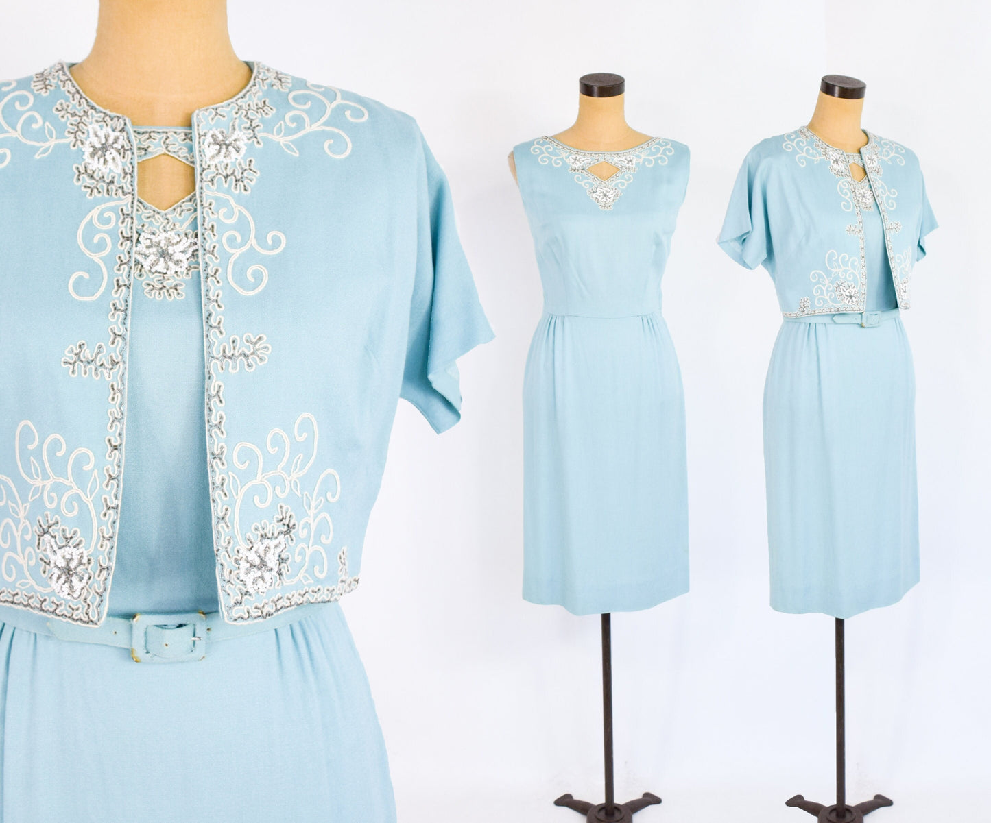 1950s Turquoise Sheath Dress & Beaded Jacket Set