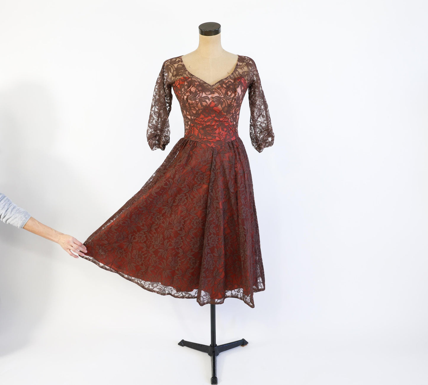 1950s Brown & Pink Lace Party Dress, Small