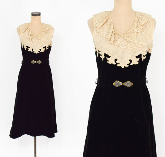 1920s Black Velvet Dress with Lace Bodice, Medium
