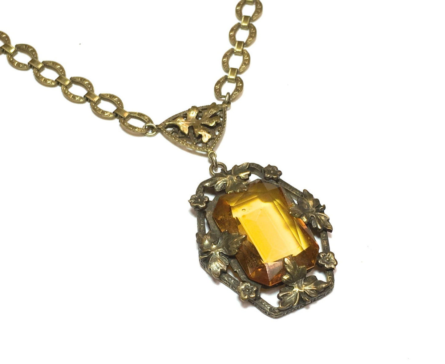 1930s Topaz Glass Filigree Pendant Necklace