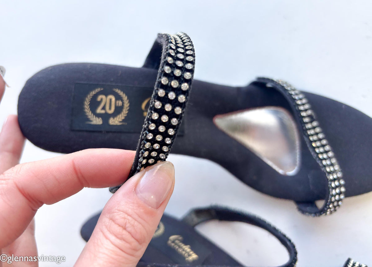 1950s Black Rhinestone Strappy Heels Sandals, US 8