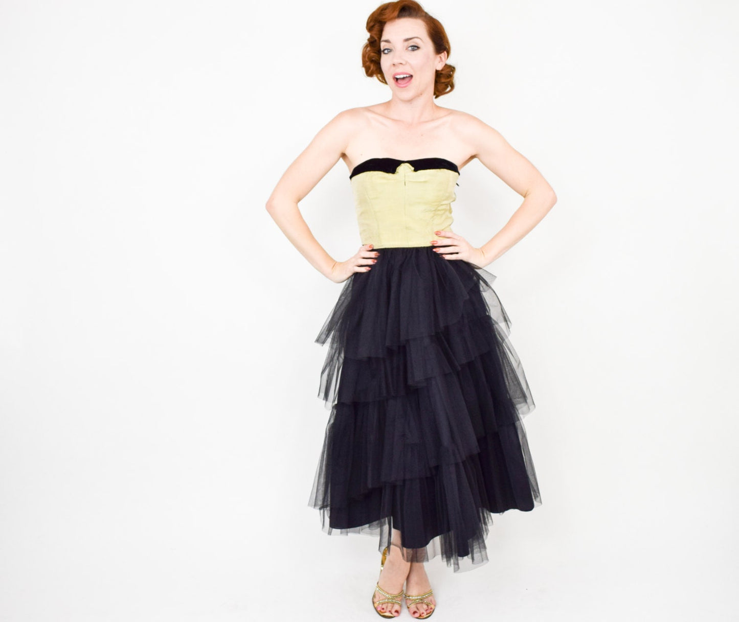 1940s Black Strapless Formal Dress | 40s Black Tulle & Gold Silk Party Dress | Strapless Evening Dress | Extra Small