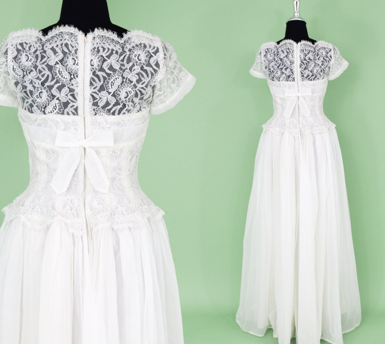 1950s White Lace & Chiffon Wedding Gown, Princess Dress, Extra Small
