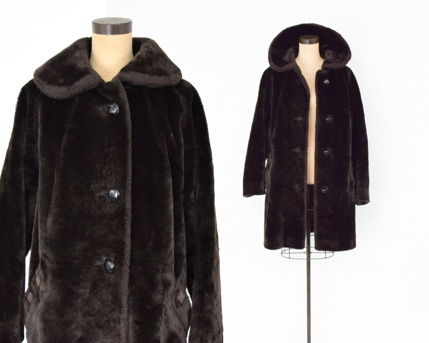 1960s Mod Dark Brown Faux Fur Coat, XXL 50" Bust