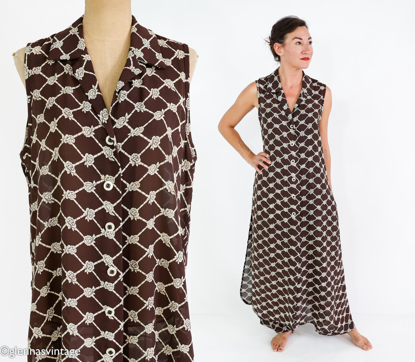 1990s Brown Print Dress & Pants | Sleeveless Dress Pant Set, Large