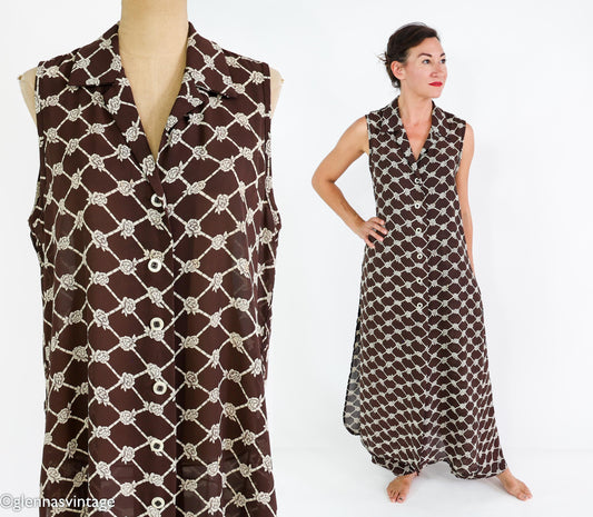 1990s Brown Print Dress & Pants | Sleeveless Dress Pant Set, Large